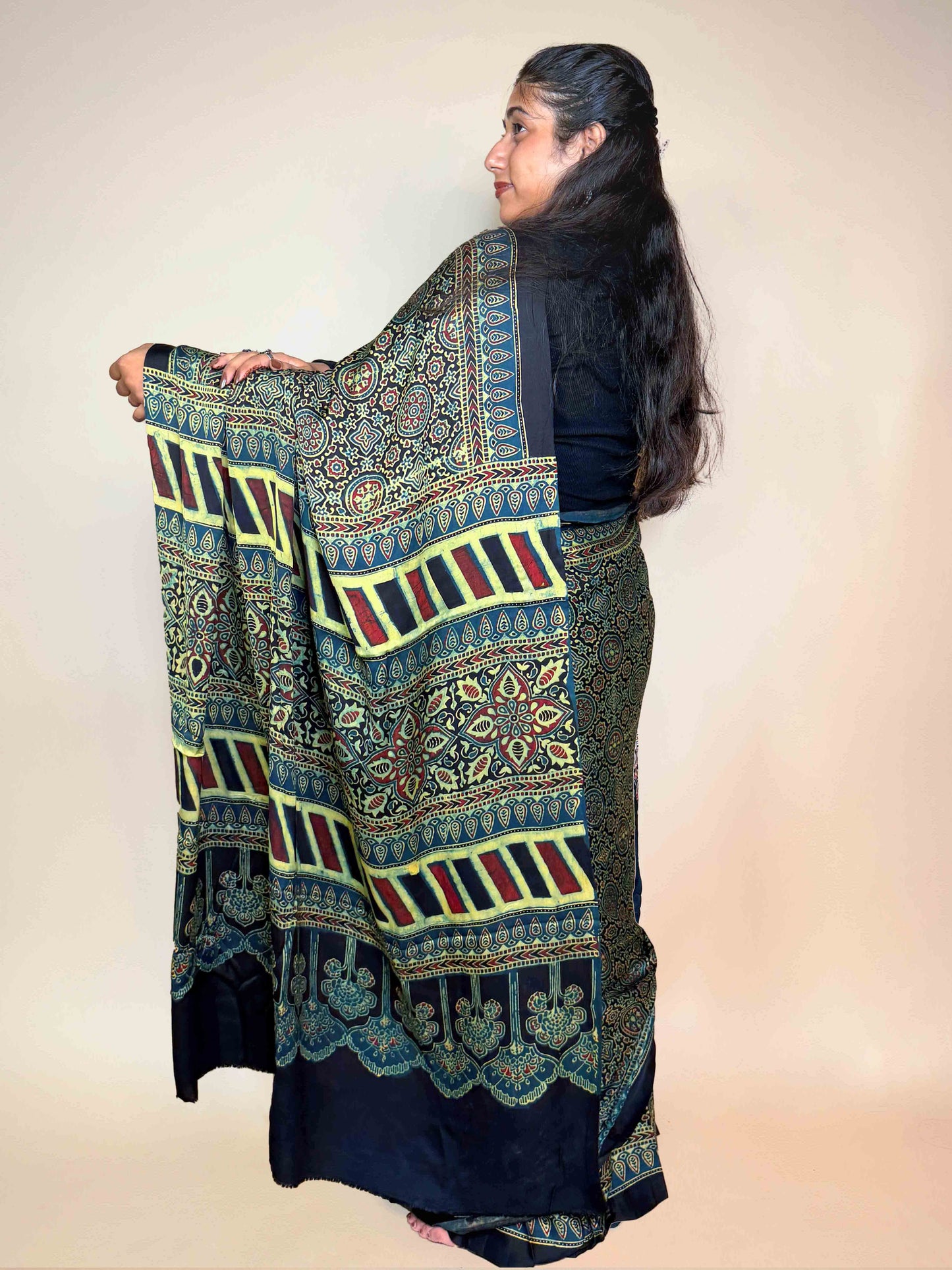 Teal Green Ajrakh Modal Handblock Printed Saree