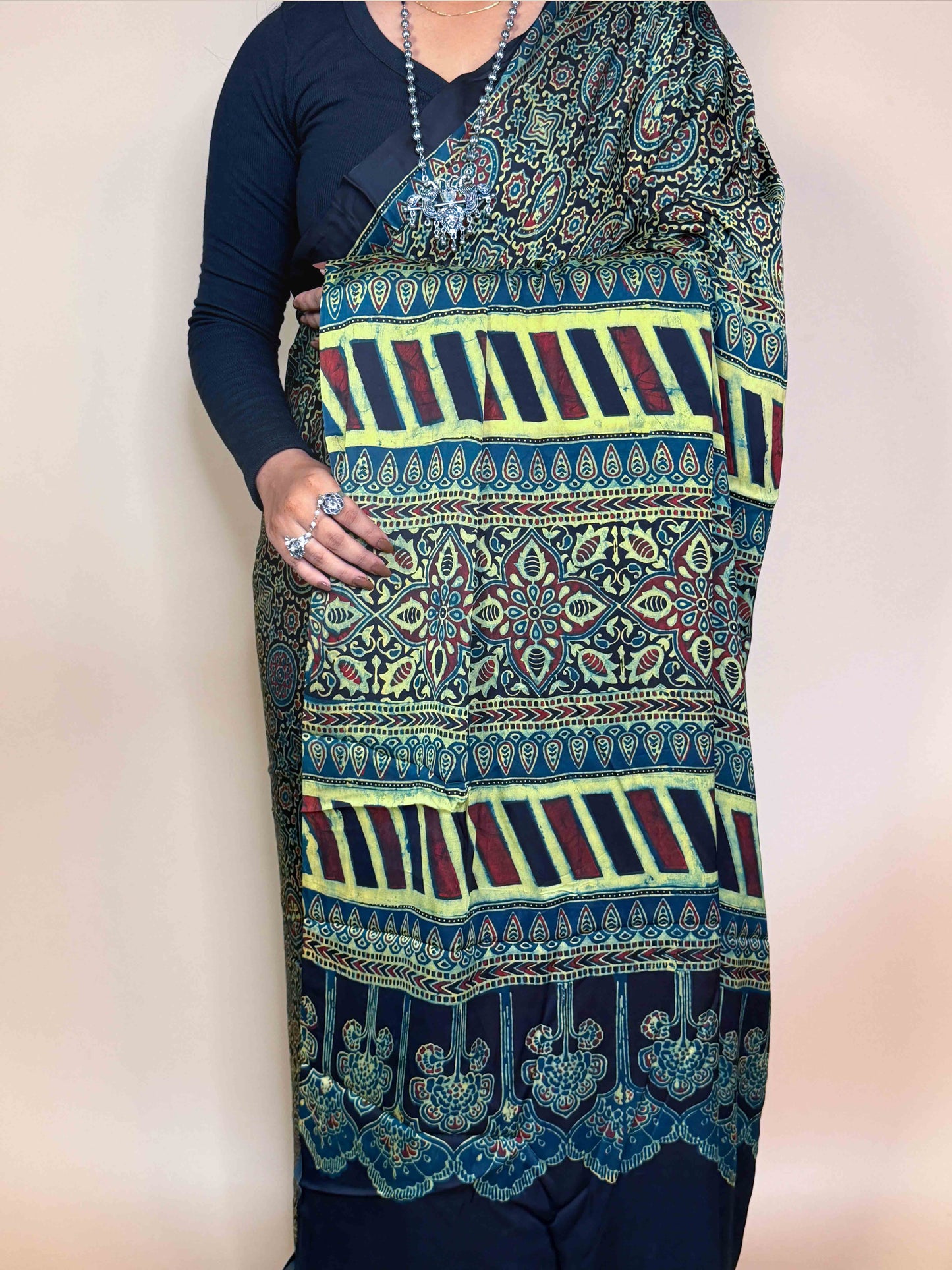 Teal Green Ajrakh Modal Handblock Printed Saree