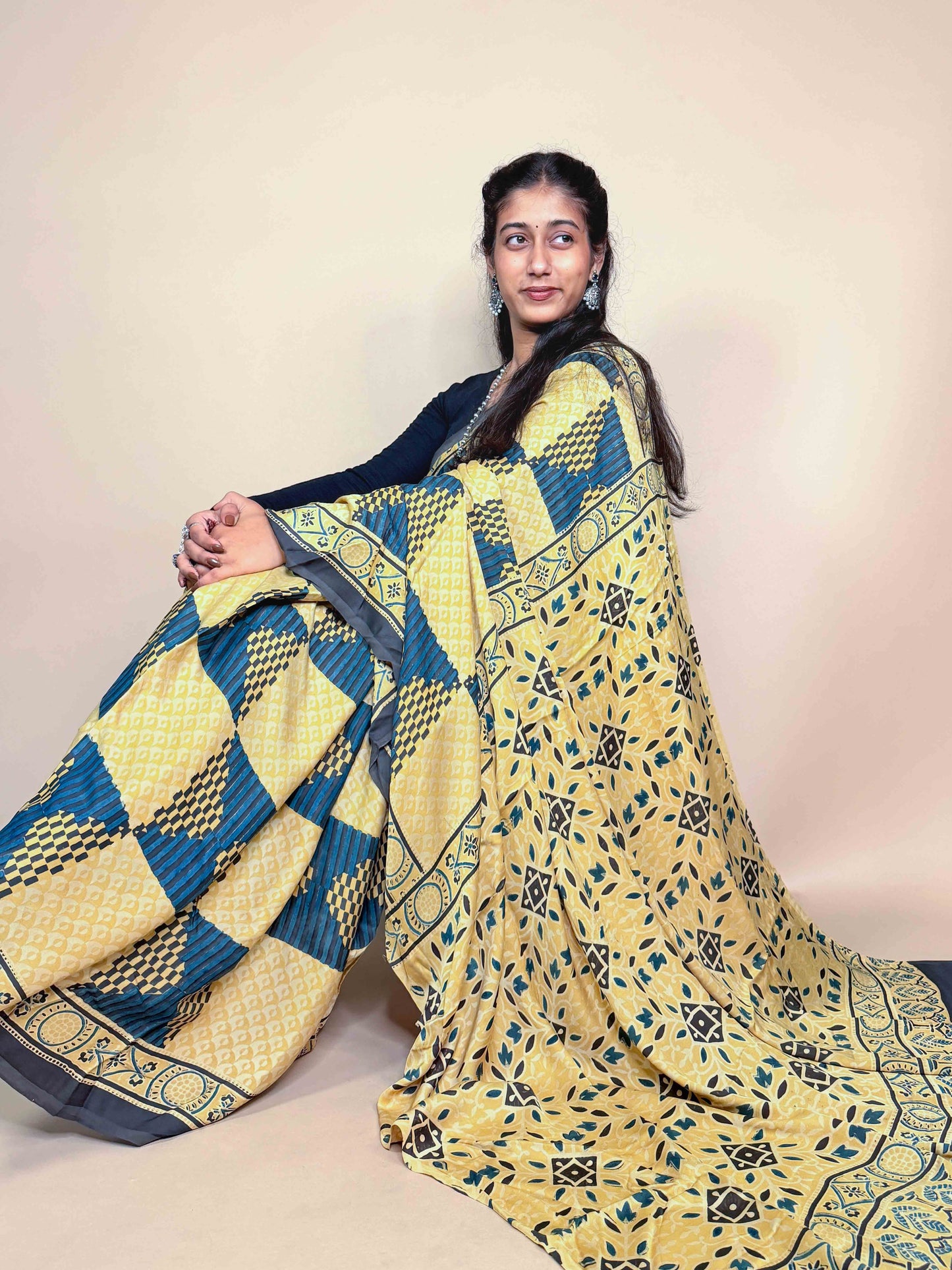Mustard Ajrakh Modal Handblock Printed Saree