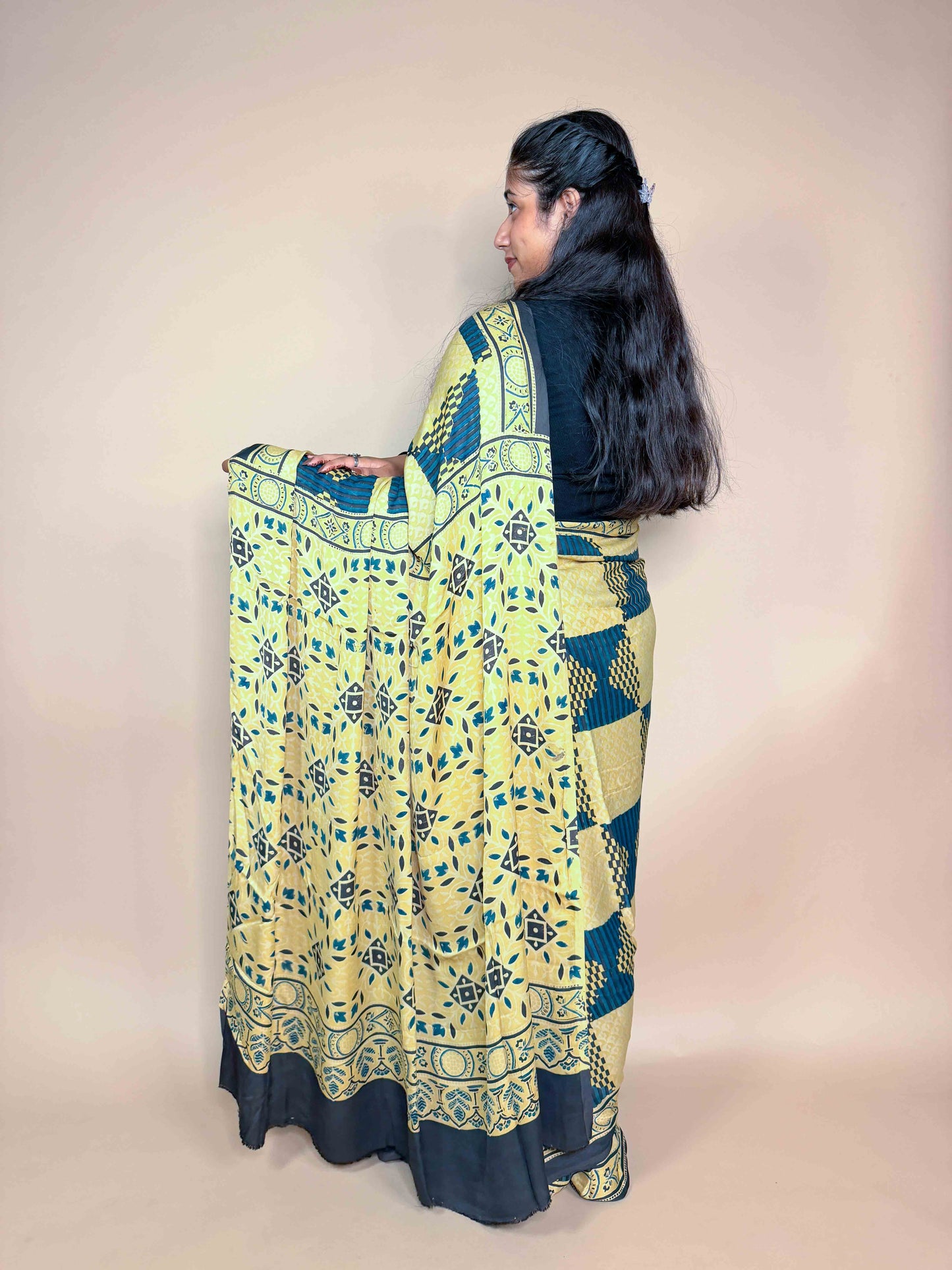 Mustard Ajrakh Modal Handblock Printed Saree
