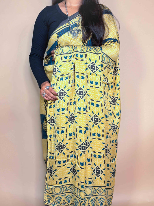 Mustard Ajrakh Modal Handblock Printed Saree