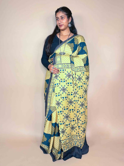 Mustard Ajrakh Modal Handblock Printed Saree