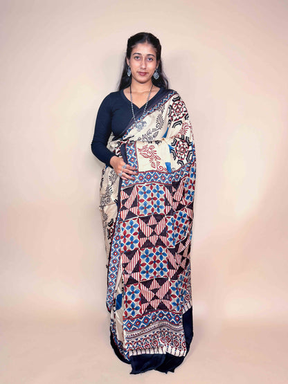 Ivory Ajrakh Modal Handblock Printed Saree