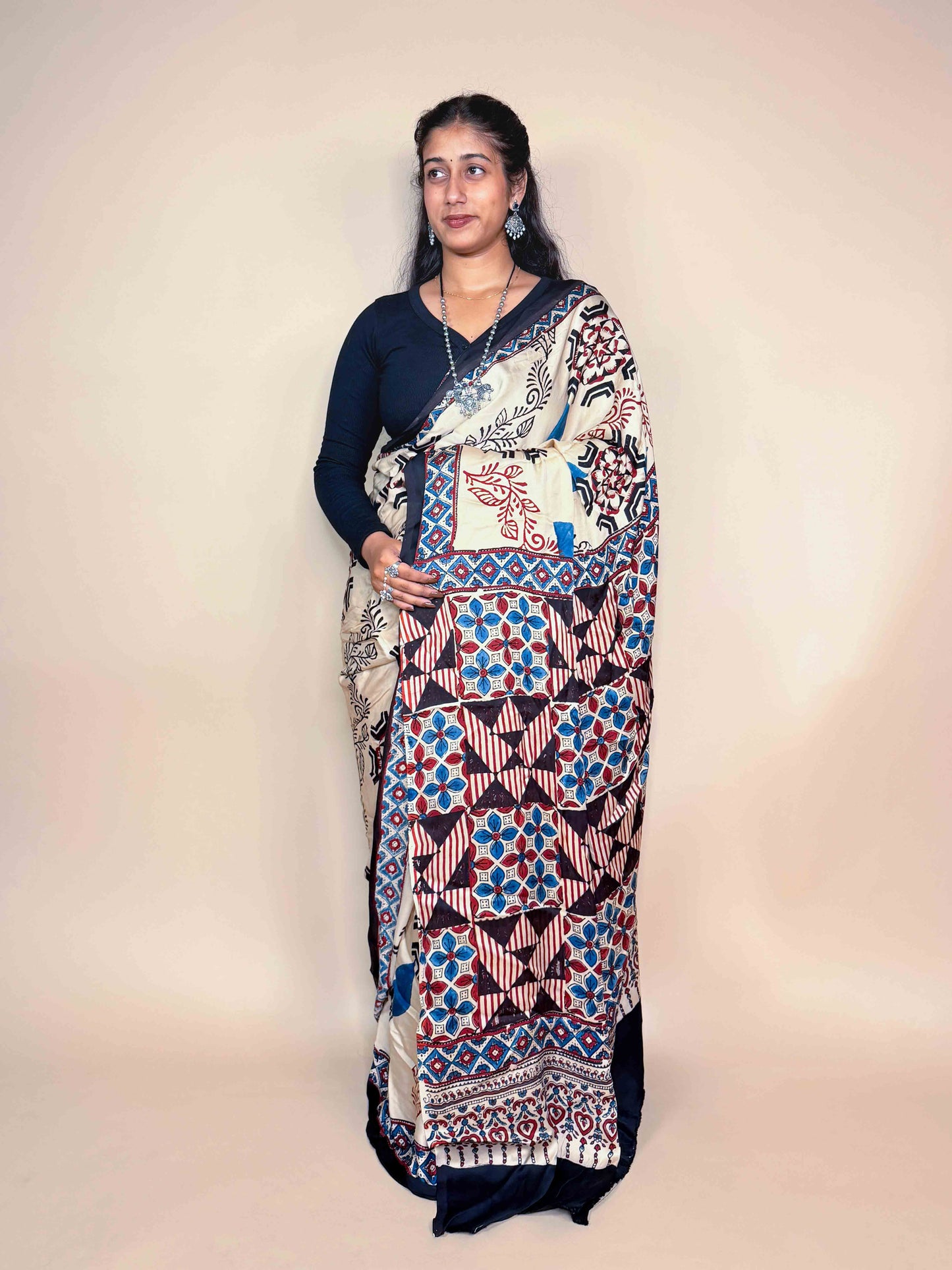 Ivory Ajrakh Modal Handblock Printed Saree