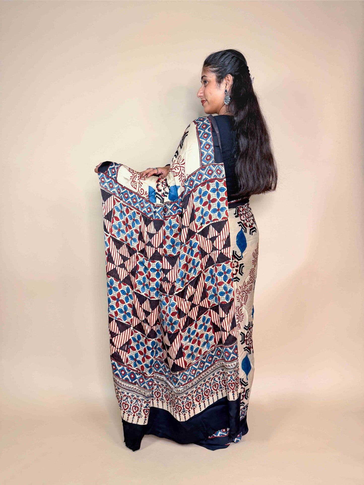 Ivory Ajrakh Modal Handblock Printed Saree