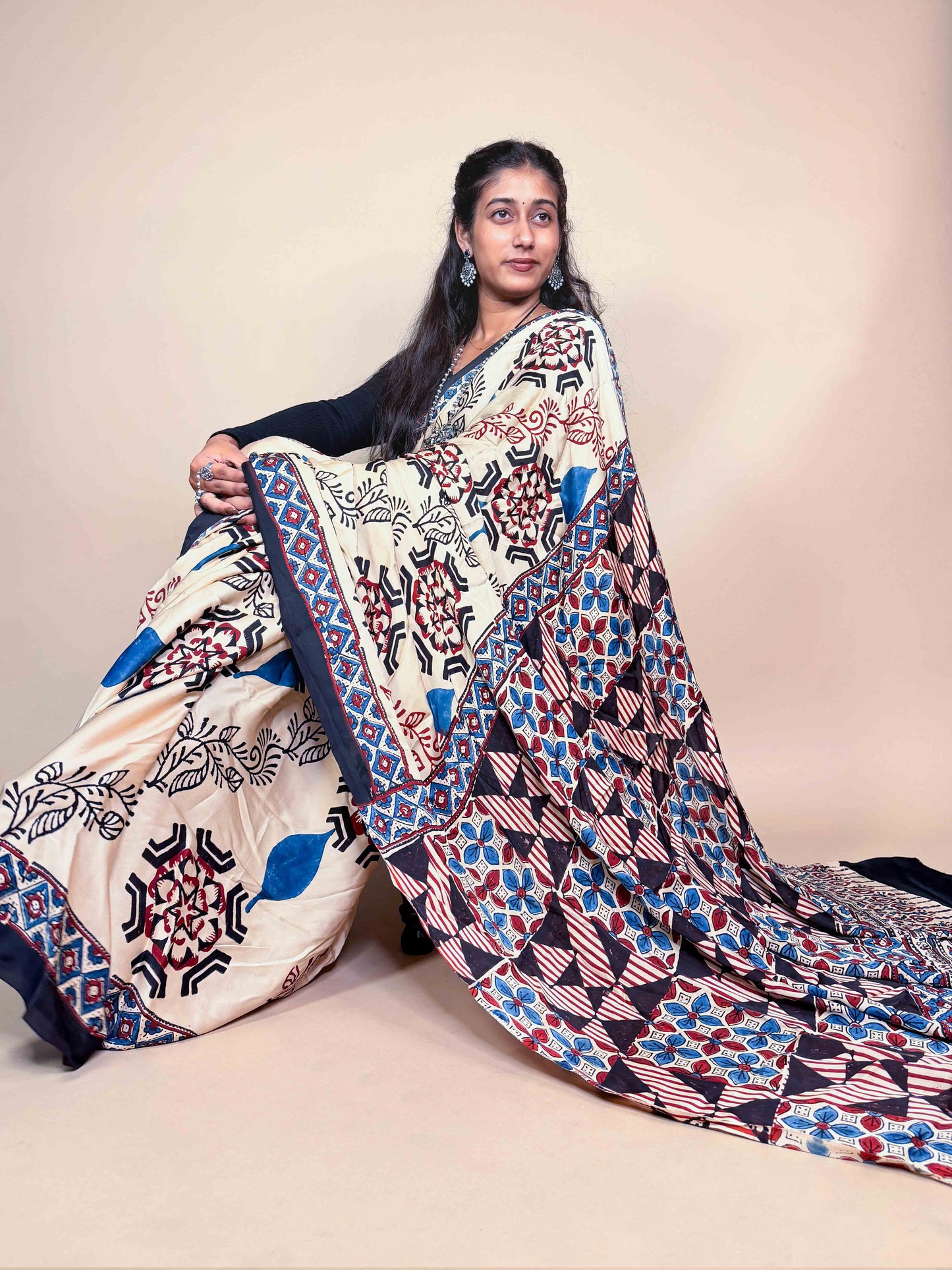Ivory Ajrakh Modal Handblock Printed Saree
