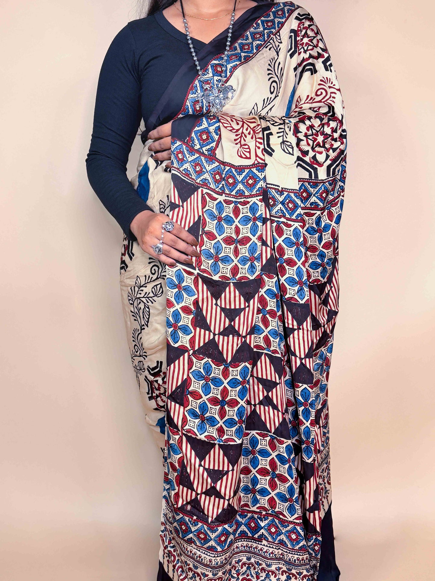 Ivory Ajrakh Modal Handblock Printed Saree