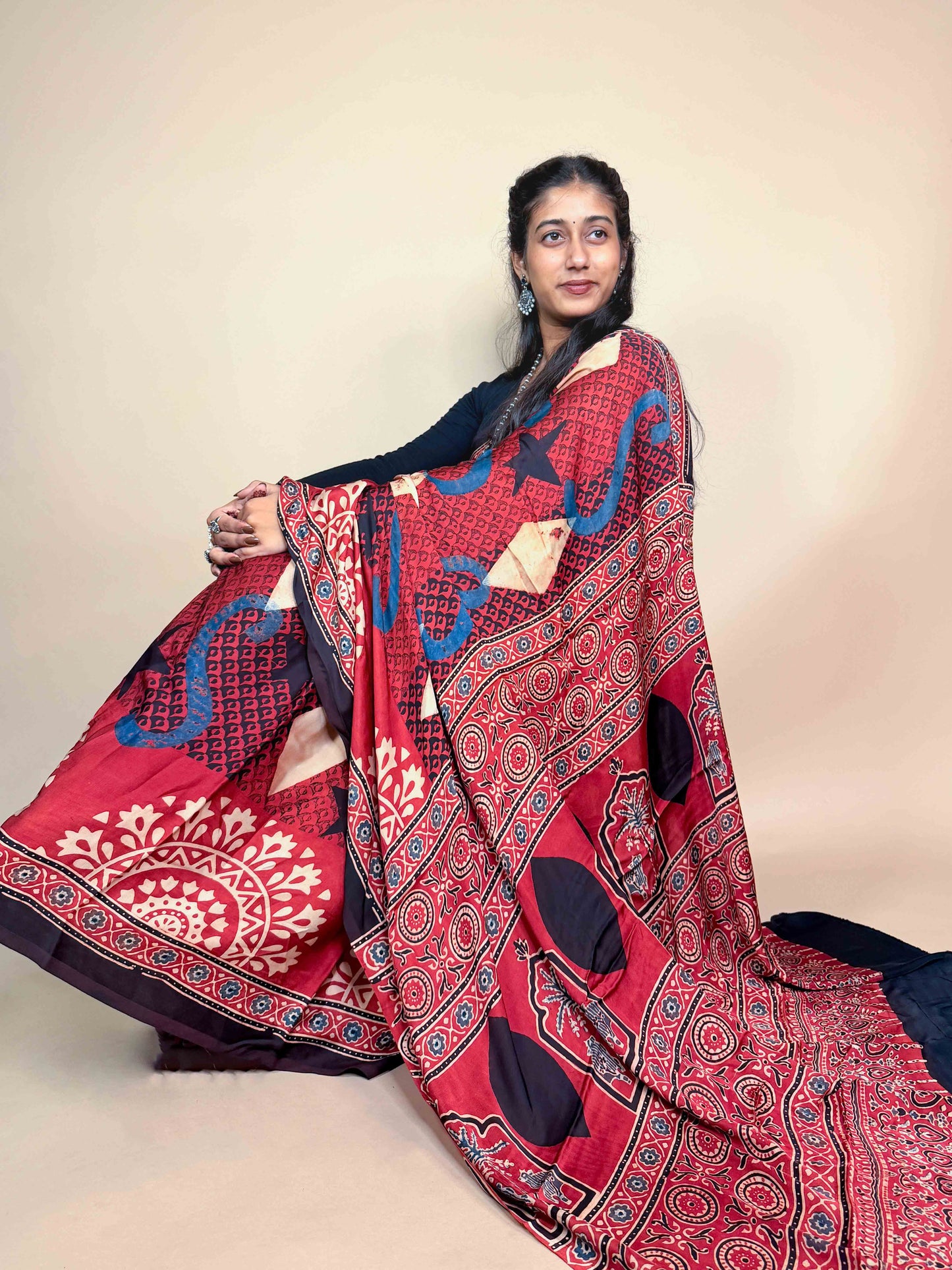 Crimson Ajrakh Modal Handblock Printed Saree