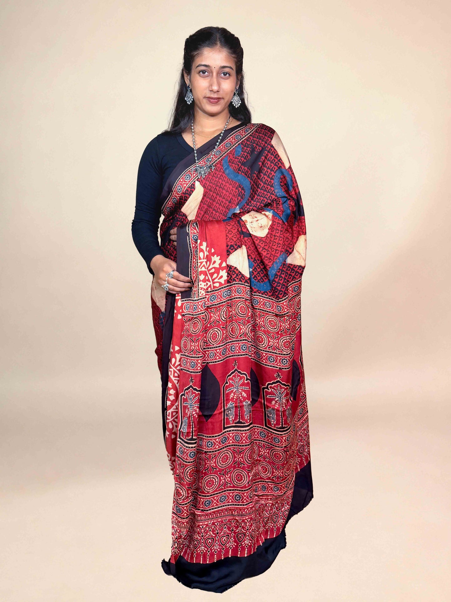 Crimson Ajrakh Modal Handblock Printed Saree