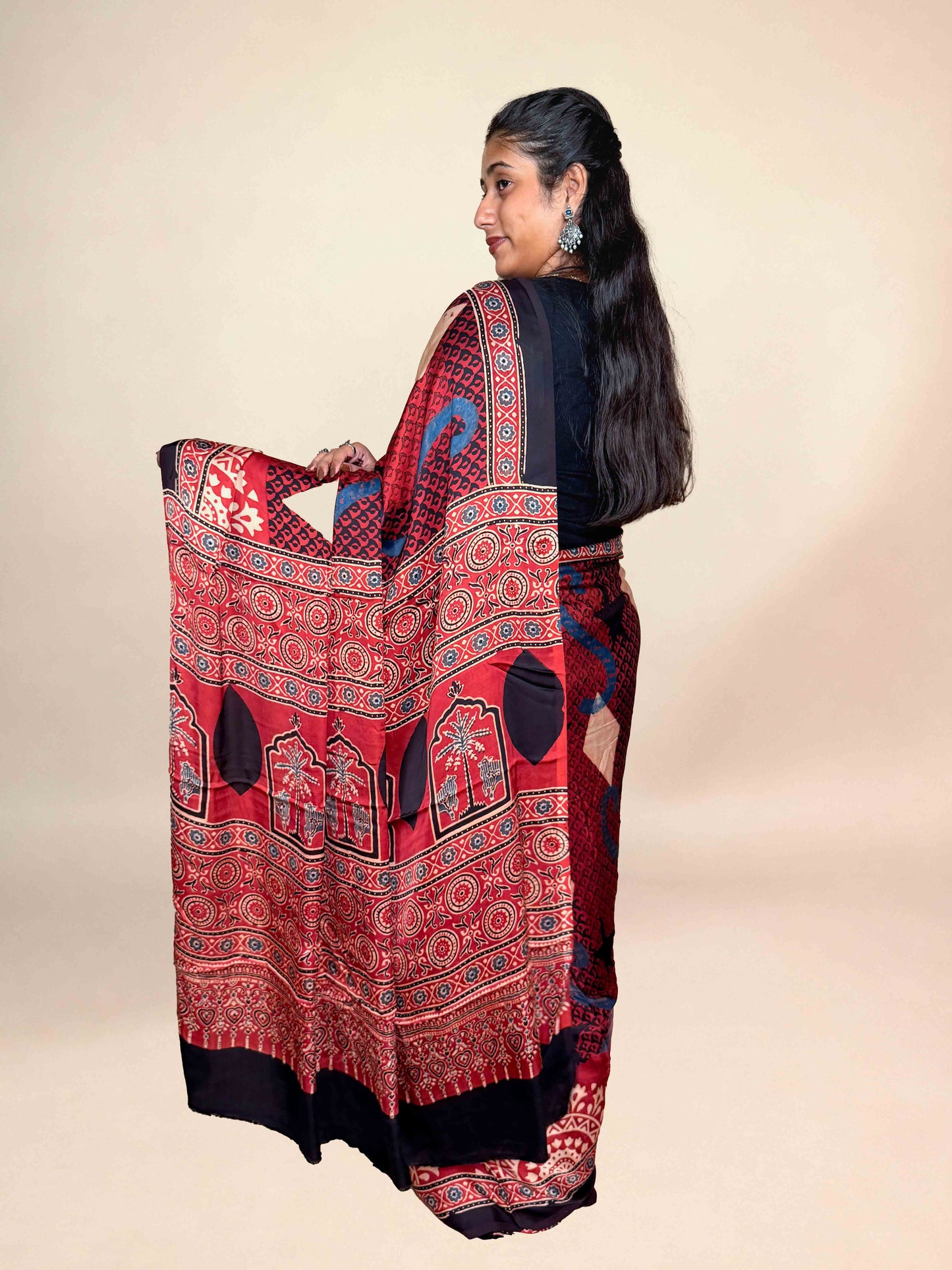 Crimson Ajrakh Modal Handblock Printed Saree