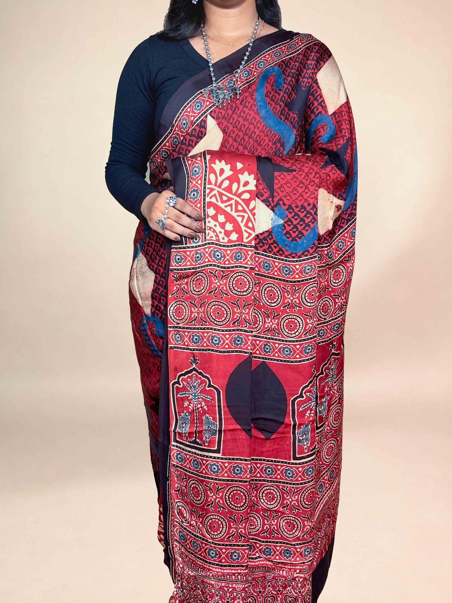 Crimson Ajrakh Modal Handblock Printed Saree