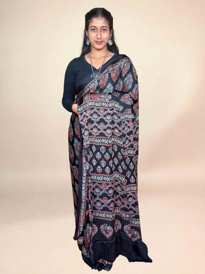 Black Ajrakh Modal Handblock Printed Saree