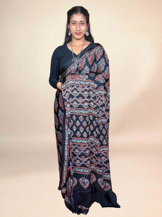 Black Ajrakh Modal Handblock Printed Saree