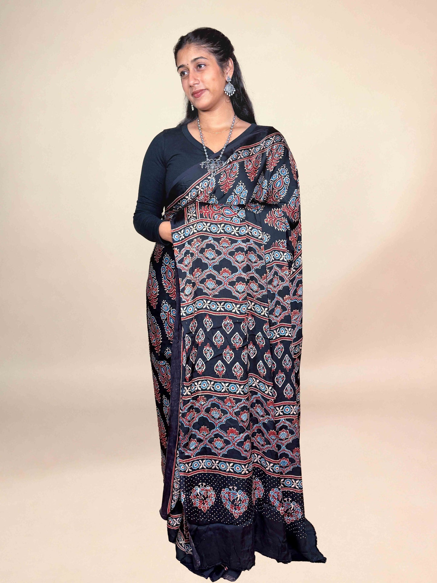 Black Ajrakh Modal Handblock Printed Saree