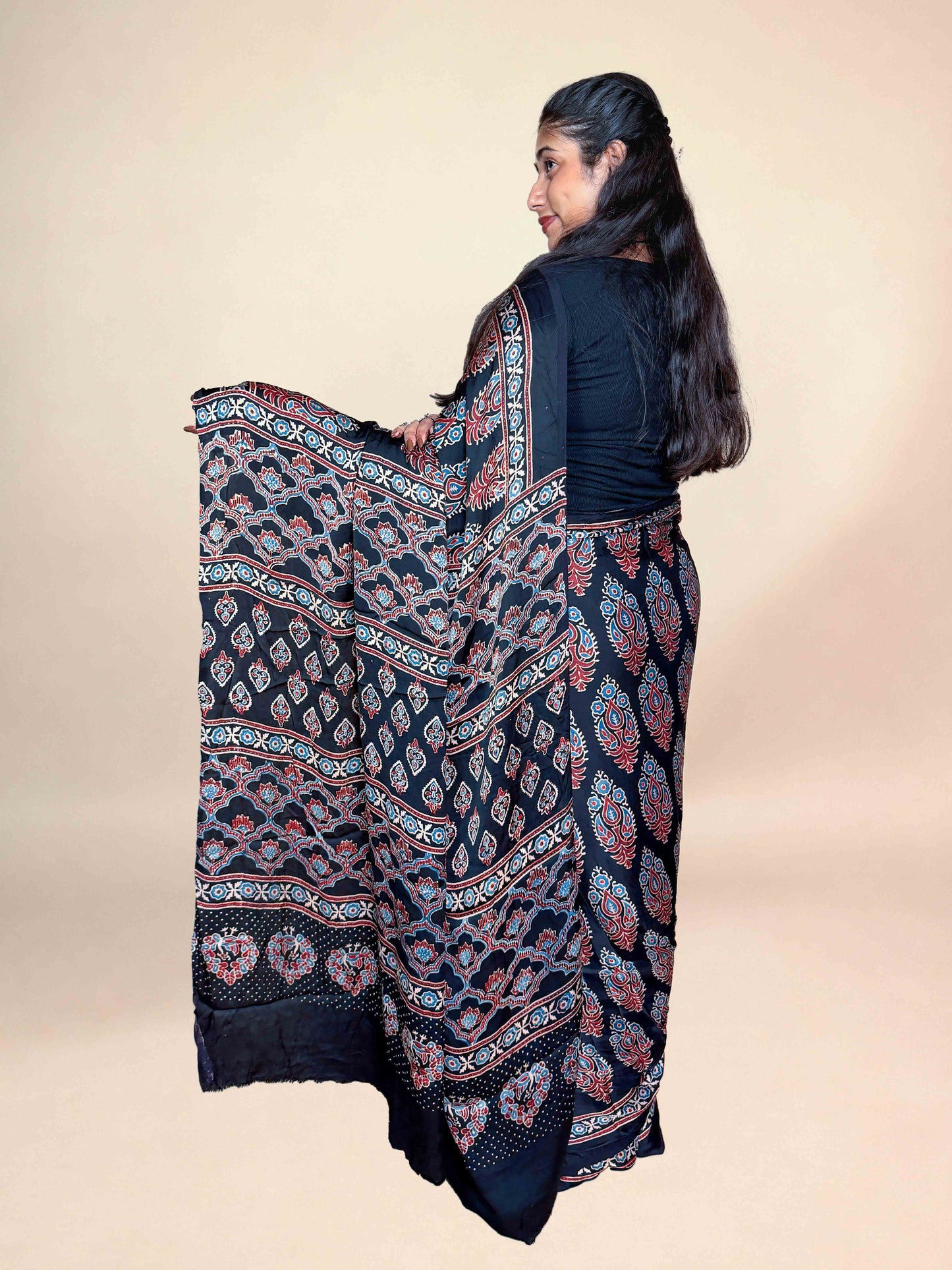 Black Ajrakh Modal Handblock Printed Saree