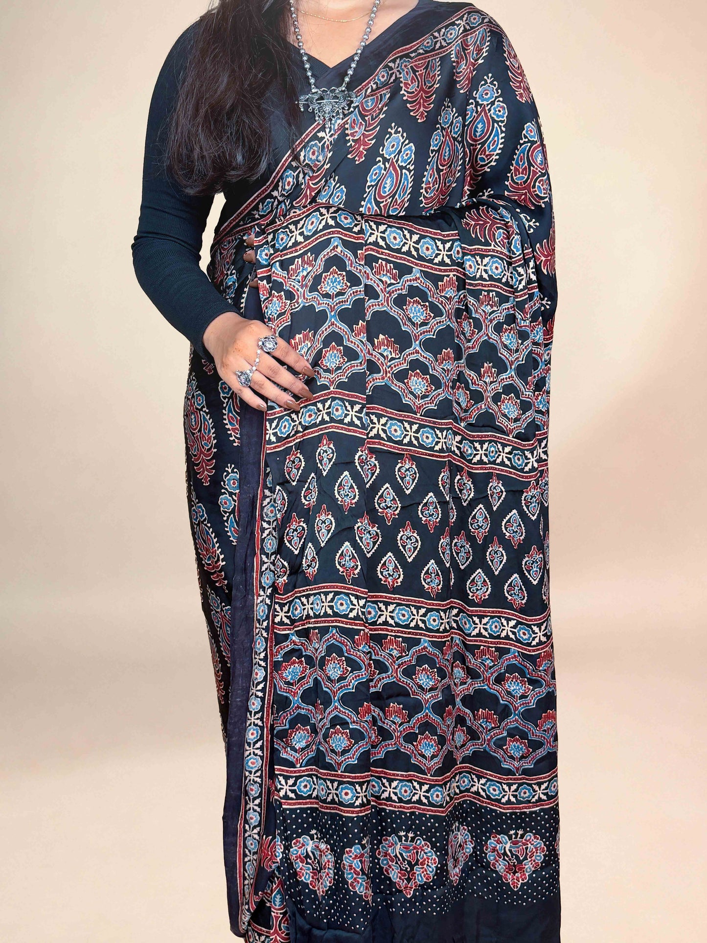 Black Ajrakh Modal Handblock Printed Saree