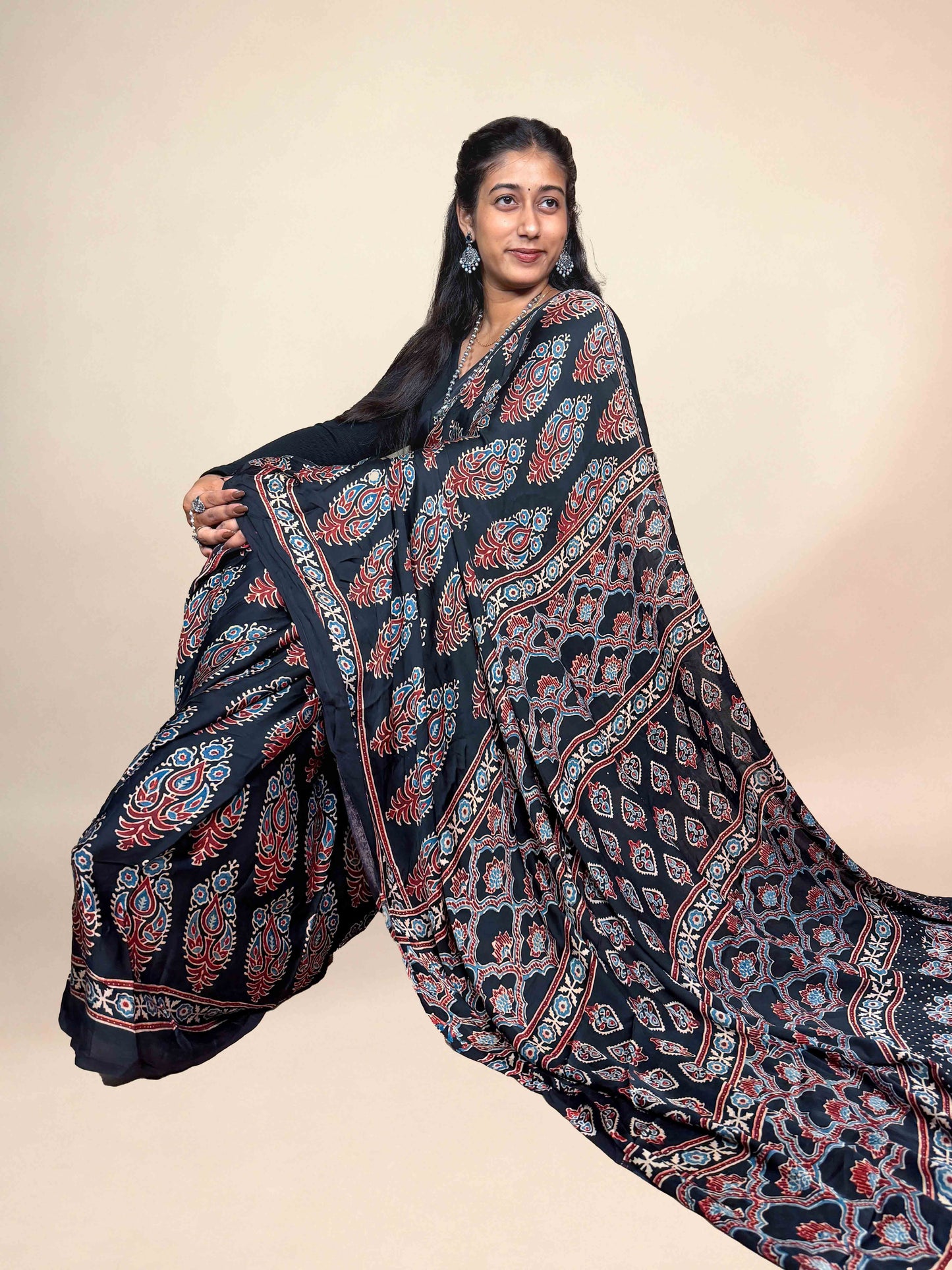 Black Ajrakh Modal Handblock Printed Saree