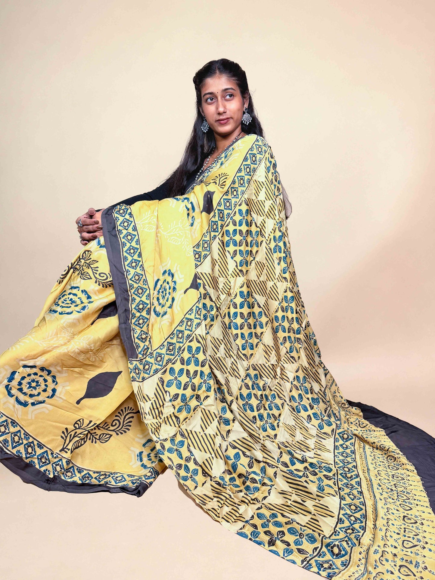 Butter Yellow Ajrakh Modal Handblock Printed Saree