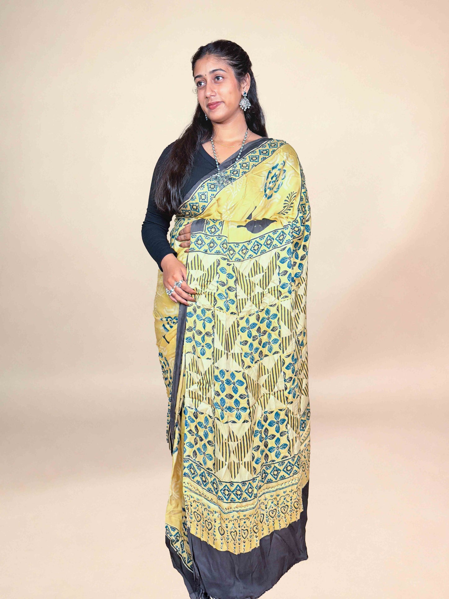 Butter Yellow Ajrakh Modal Handblock Printed Saree