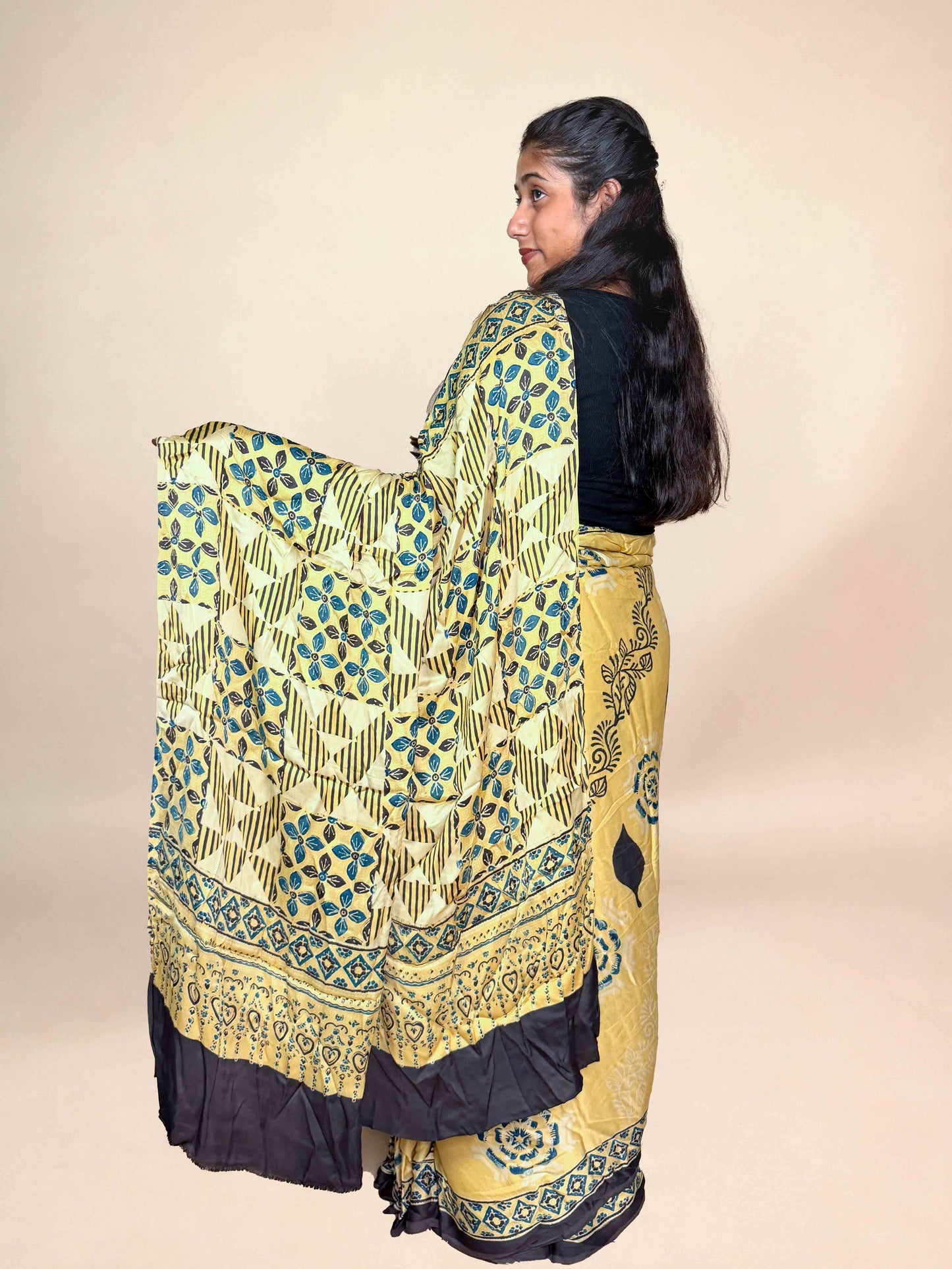 Butter Yellow Ajrakh Modal Handblock Printed Saree