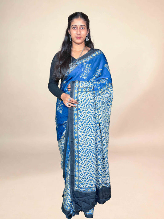 Royal Blue Ajrakh Modal Handblock Printed Saree
