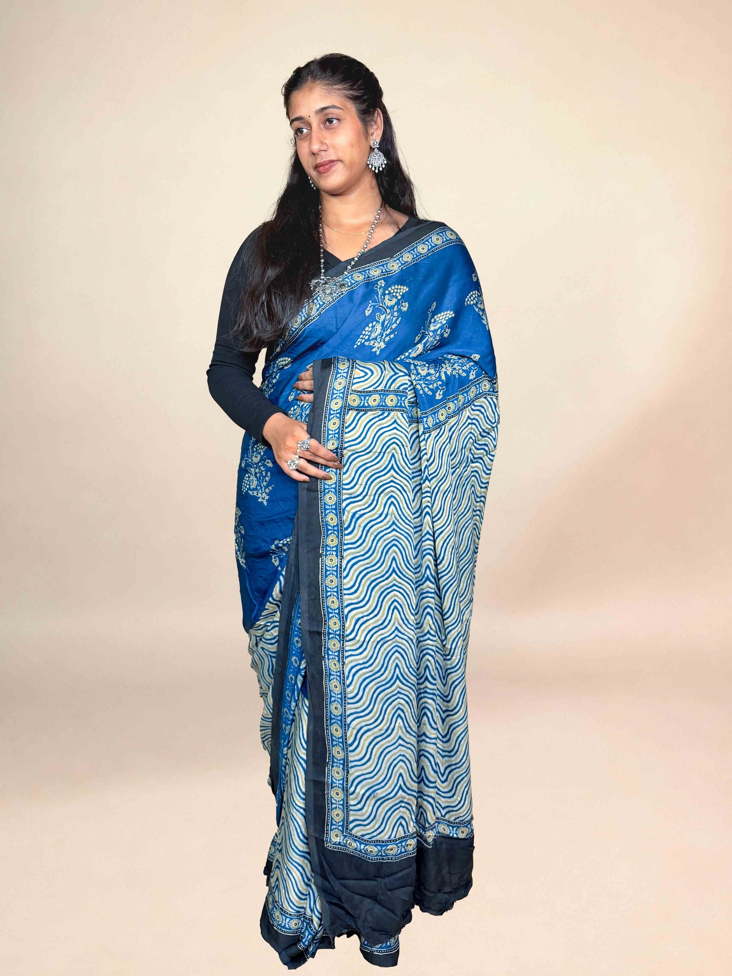 Royal Blue Ajrakh Modal Handblock Printed Saree
