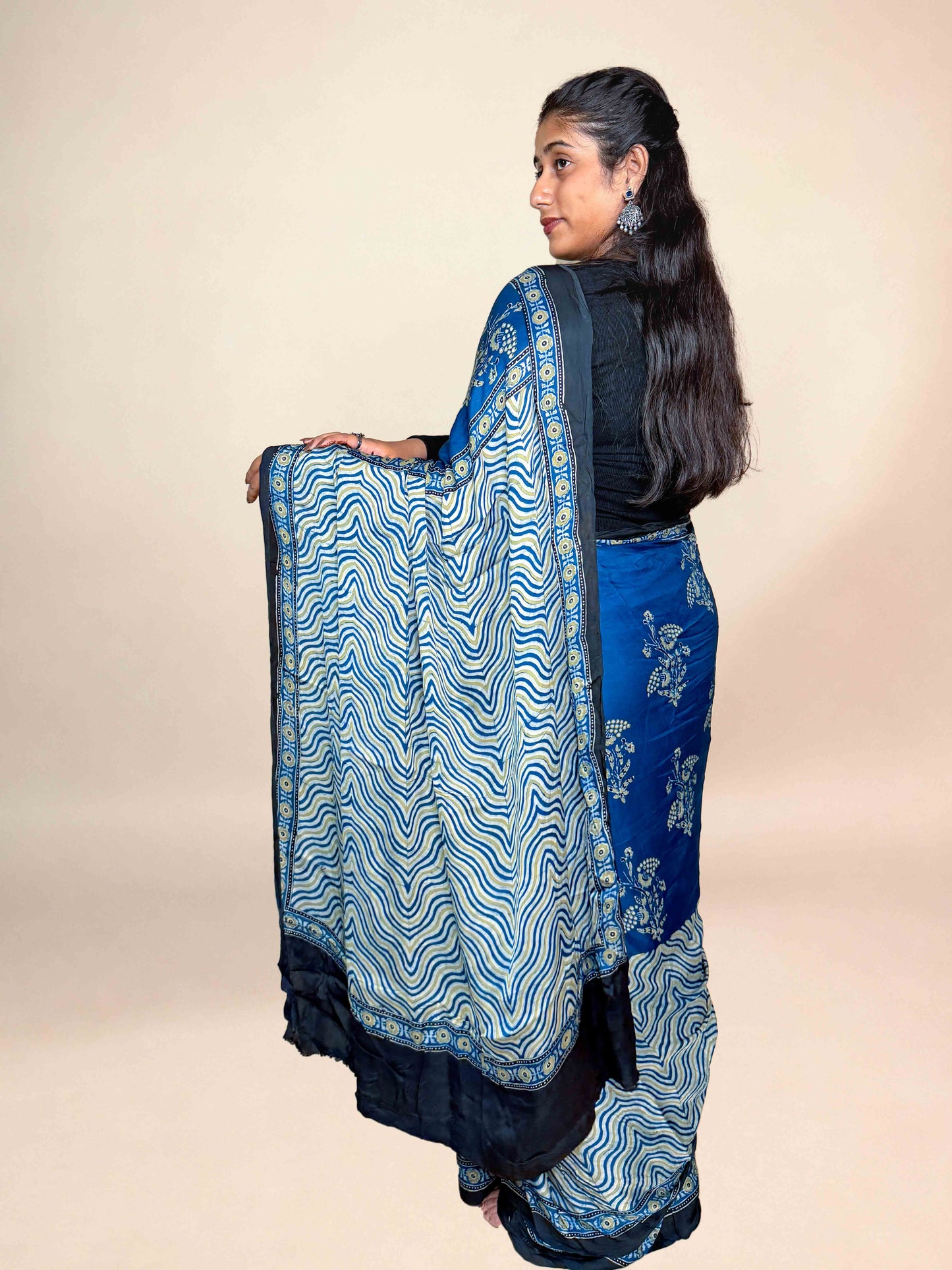 Royal Blue Ajrakh Modal Handblock Printed Saree
