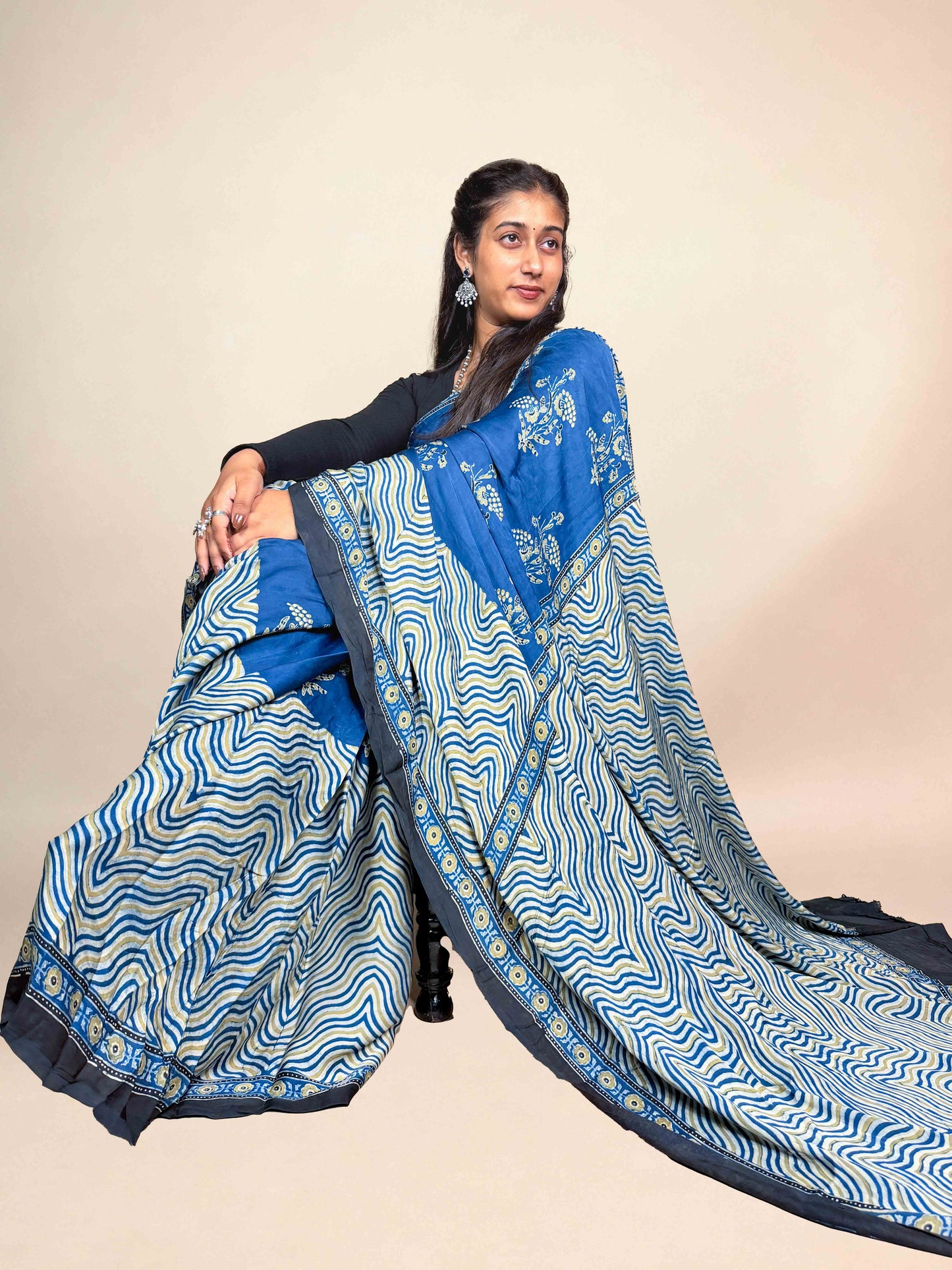 Royal Blue Ajrakh Modal Handblock Printed Saree