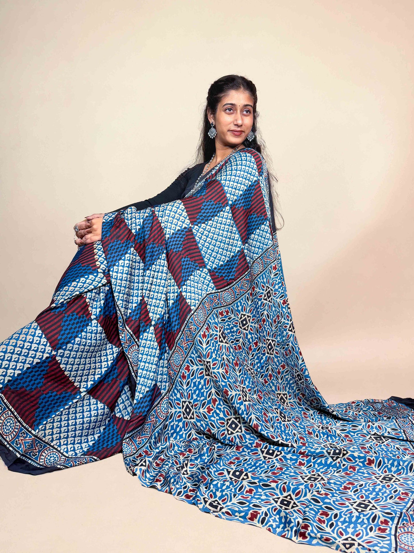 Sky Blue Ajrakh Modal Handblock Printed Saree