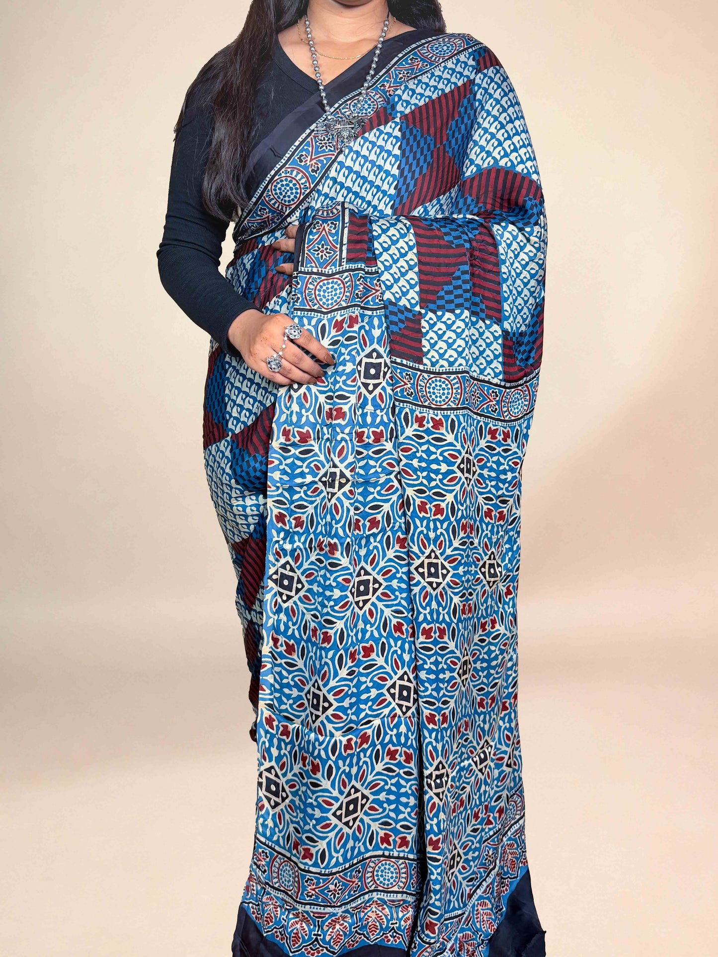Sky Blue Ajrakh Modal Handblock Printed Saree