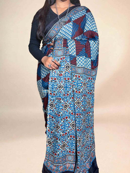 Sky Blue Ajrakh Modal Handblock Printed Saree