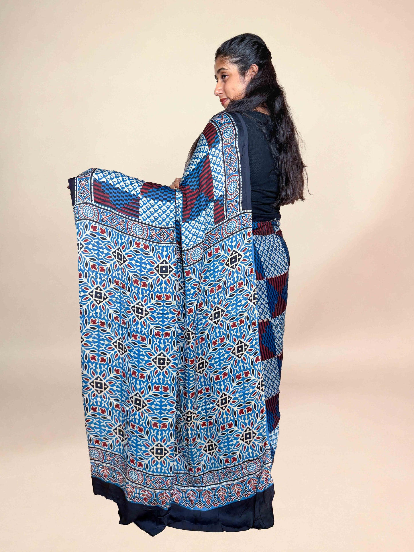 Sky Blue Ajrakh Modal Handblock Printed Saree
