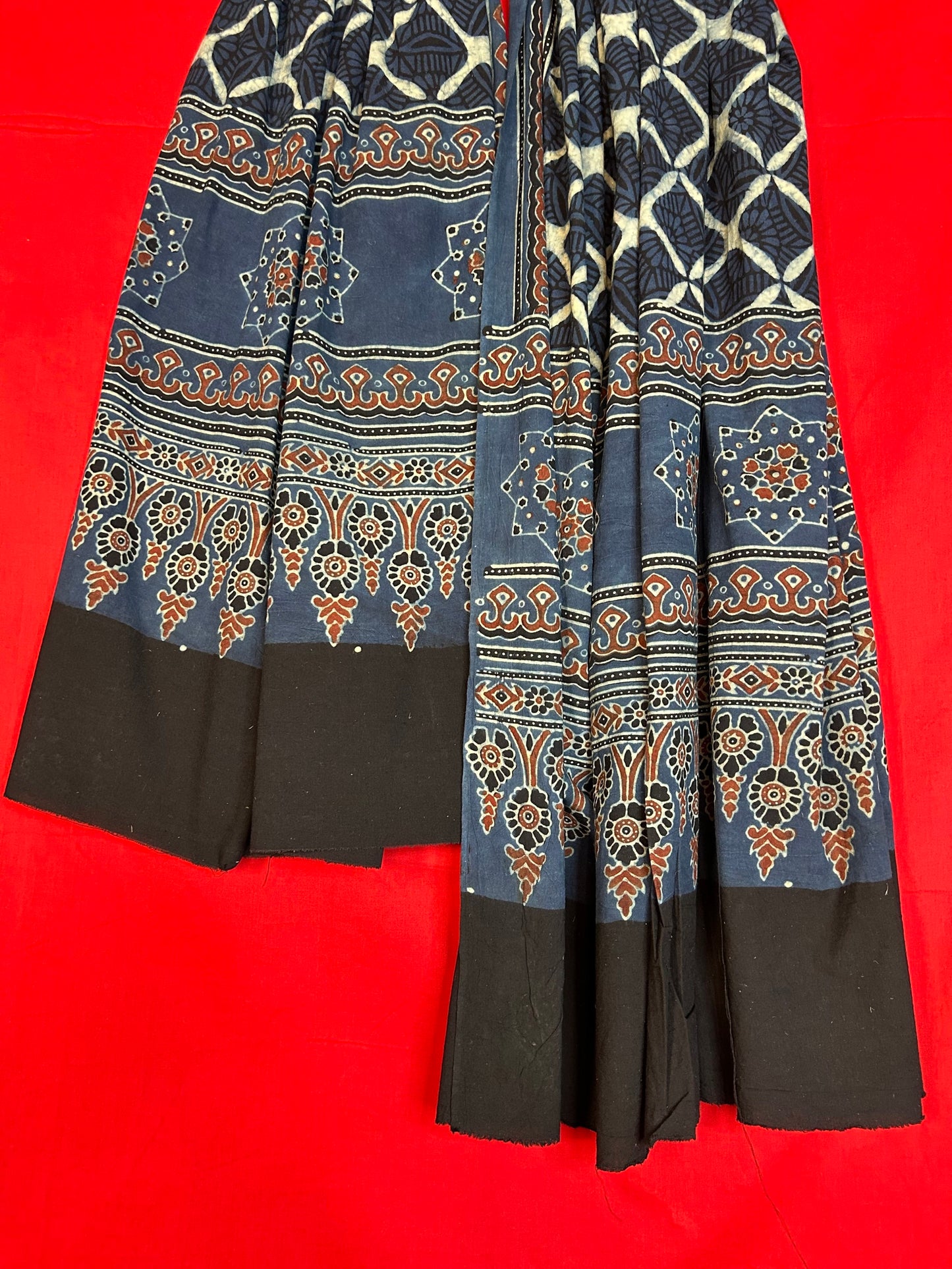 Traditional Ajrakh Print Cotton Dupatta with Floral Border Design