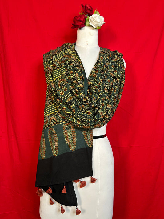 Traditional Green Ajrakh Handblock Printed Cotton Dupatta