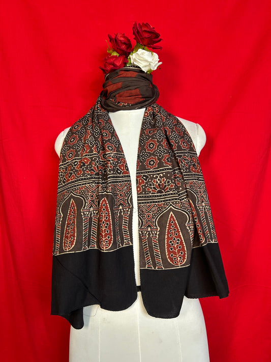 Ajrakh Cotton Stole for Women in Black and Maroon Traditional Handblock Print Design