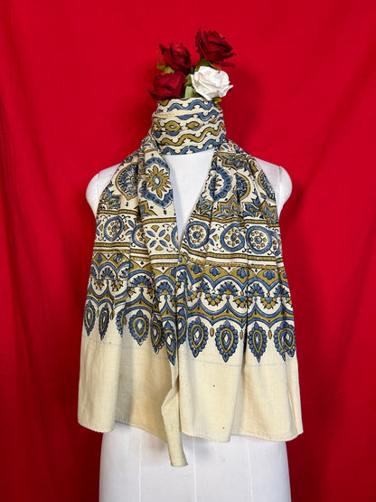 Ajrakh Cotton Stole for Women in Cream and Blue Traditional Handblock Print Design