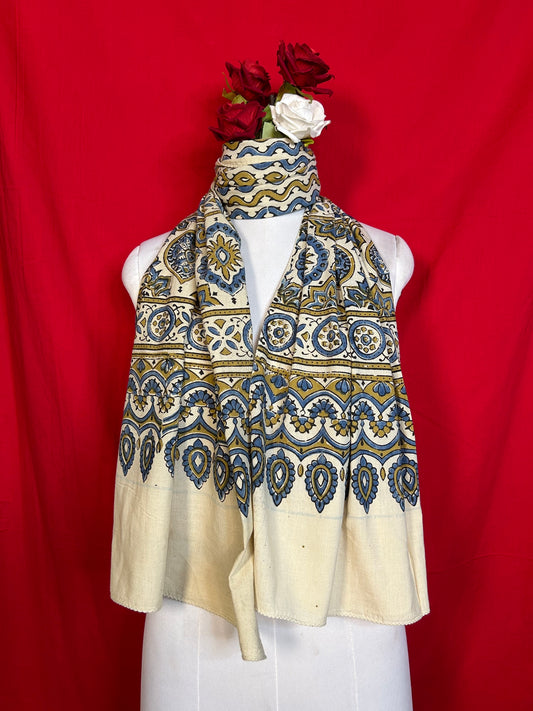 Ajrakh Cotton Stole for Women in Cream and Blue Traditional Handblock Print Design