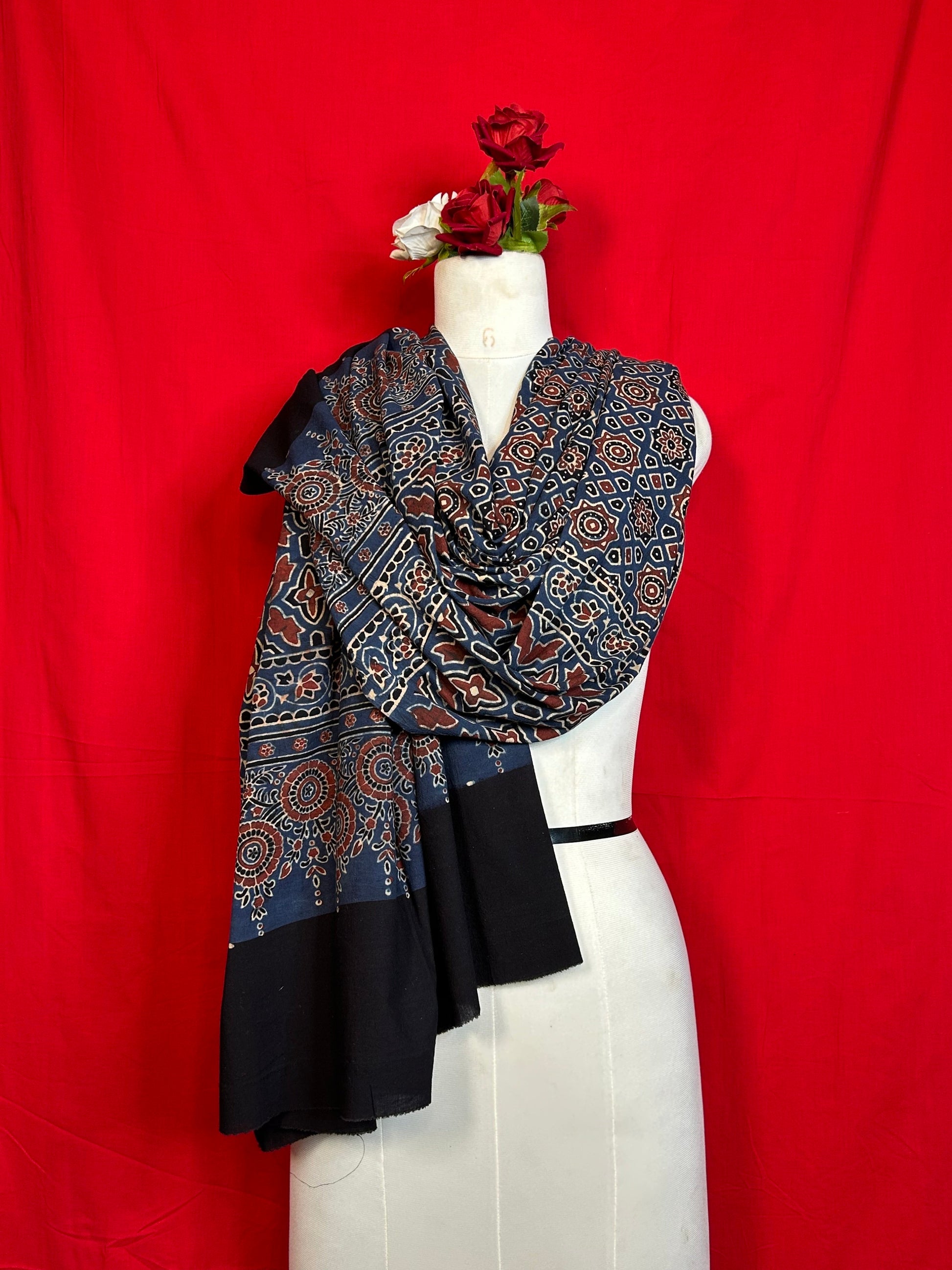 Handcrafted Blue Ajrakh Cotton Dupatta with Geometric Motif Pattern