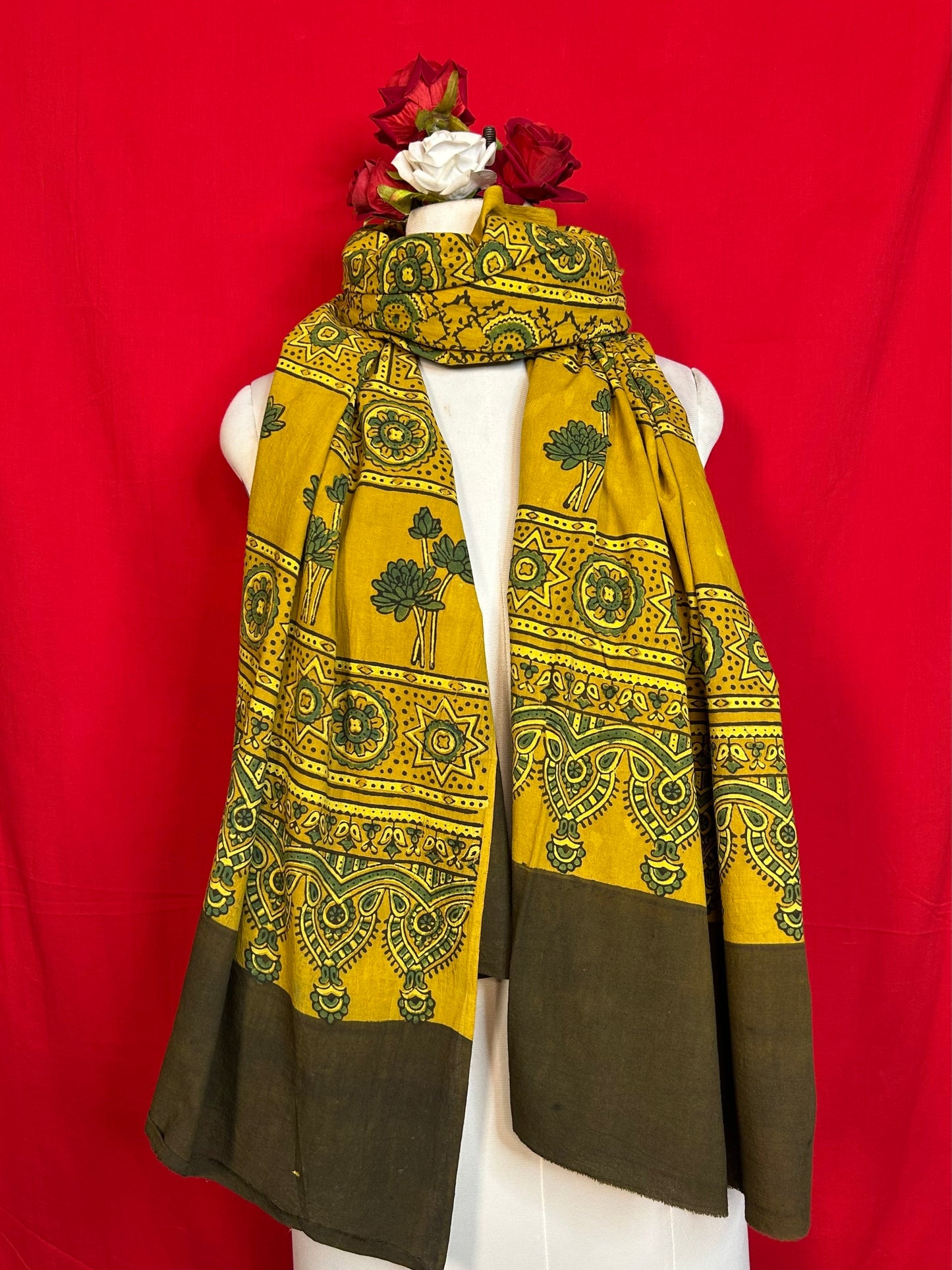 Yellow Ajrakh Cotton Handblock Printed Dupatta for Women