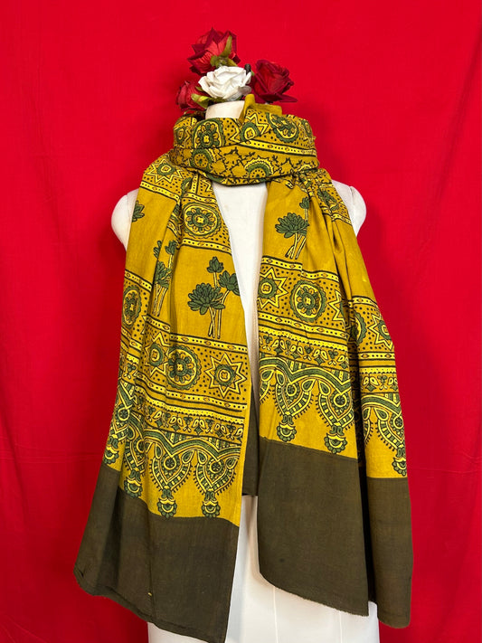 Yellow Ajrakh Cotton Handblock Printed Dupatta for Women