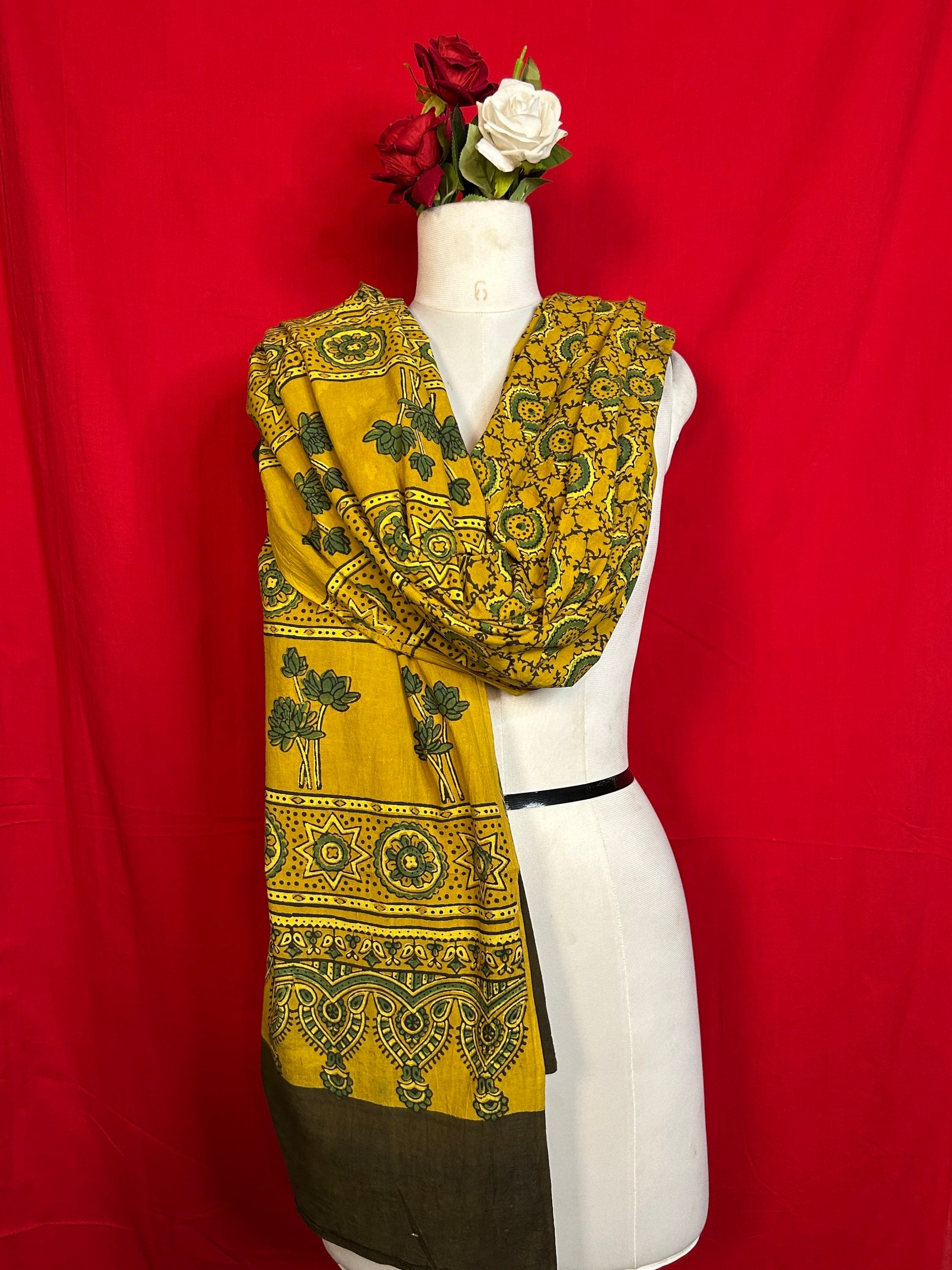 Yellow Ajrakh Print Cotton Dupatta with Traditional Floral Design