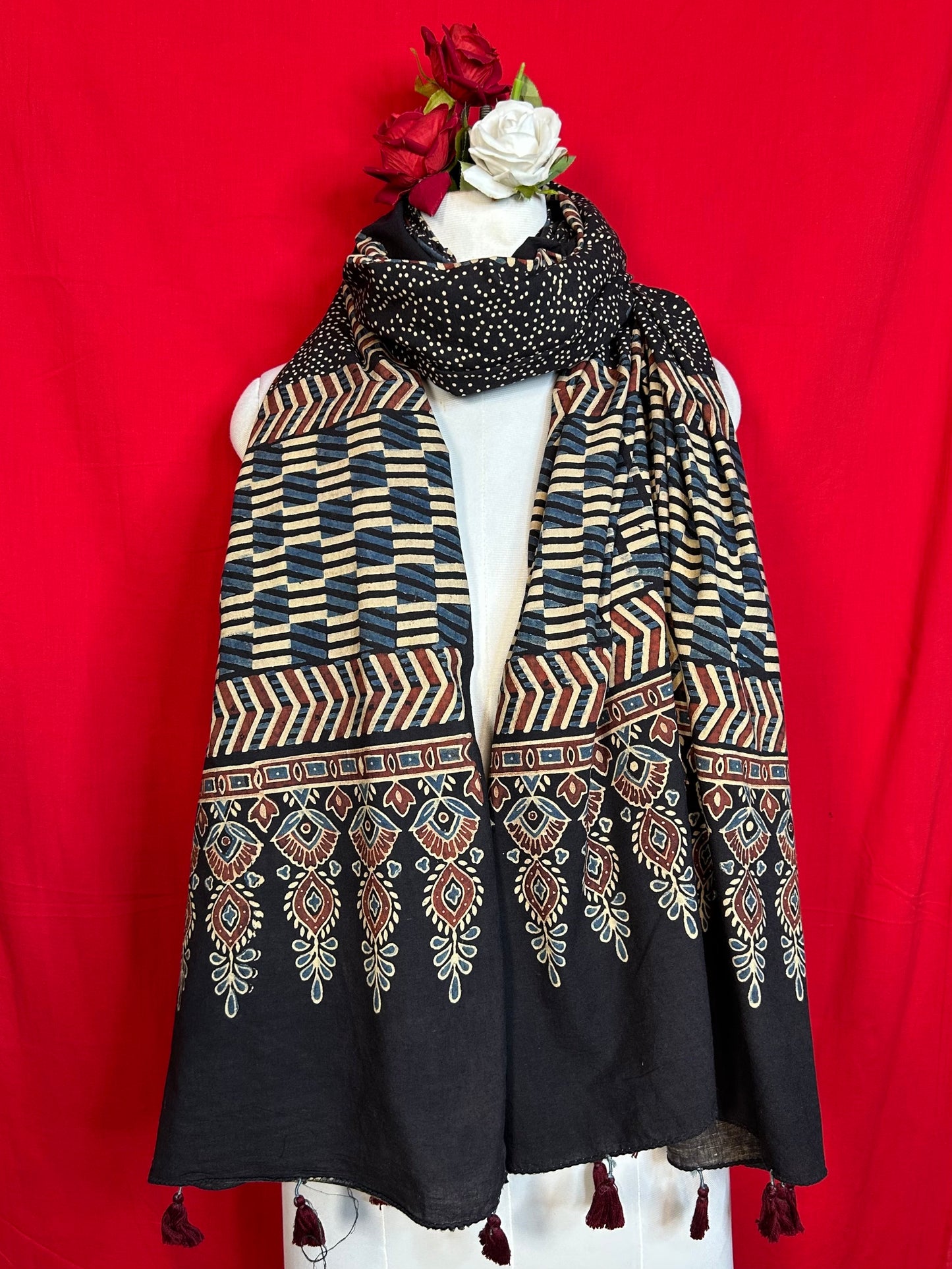 Black Ajrakh Cotton Handblock Printed Dupatta for Women