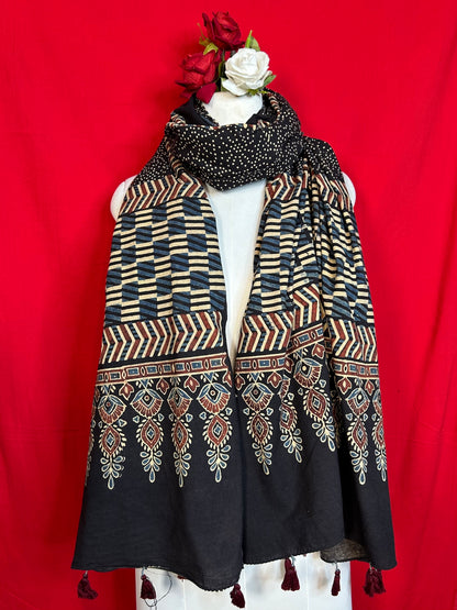Black Ajrakh Cotton Handblock Printed Dupatta for Women