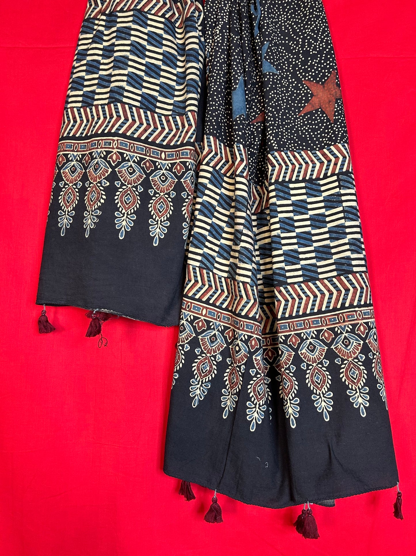 Handcrafted Ajrakh Cotton Dupatta with Ethnic Motif Design
