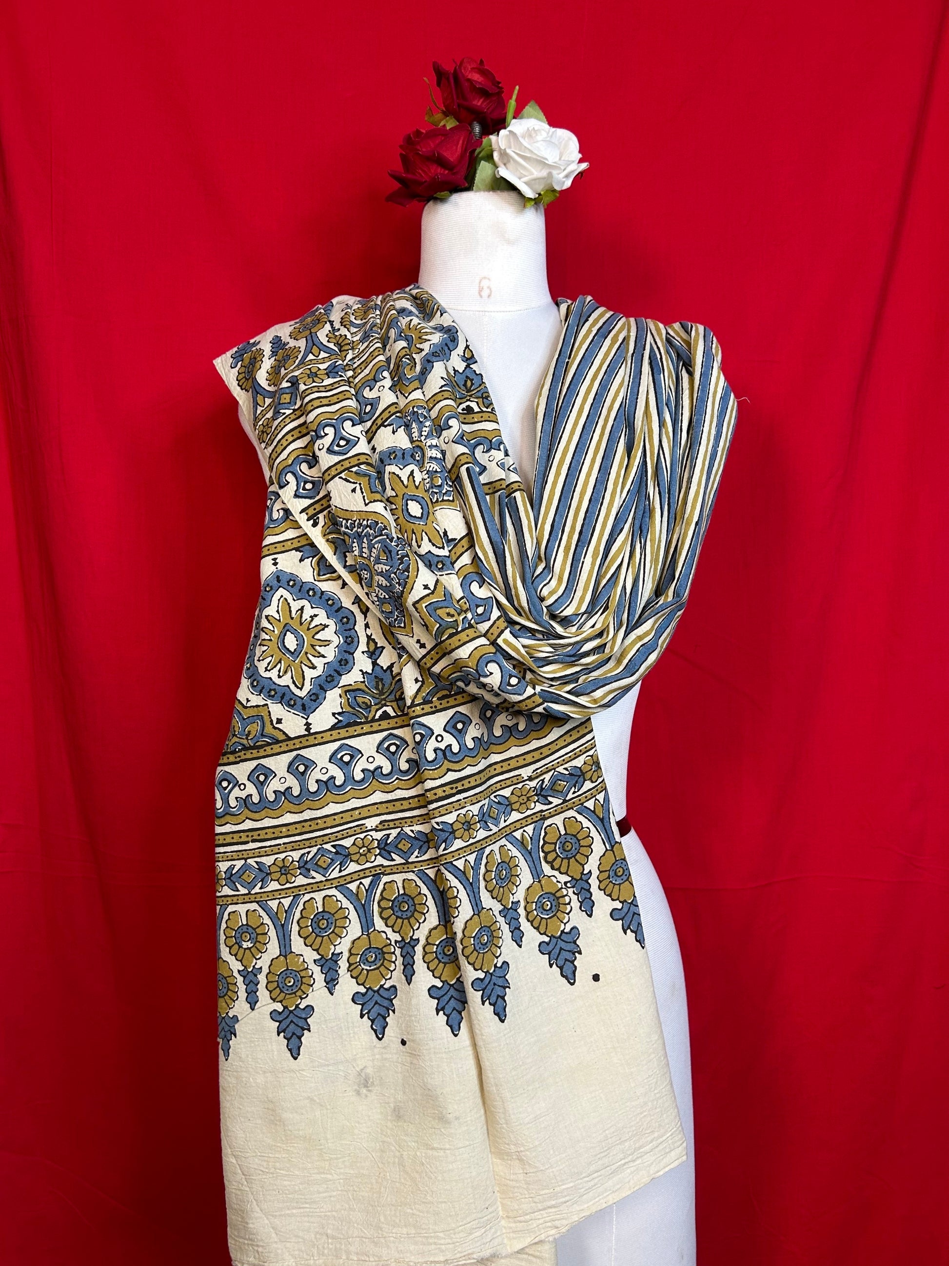 Traditional Ajrakh Print Cotton Dupatta with Floral Motif Design