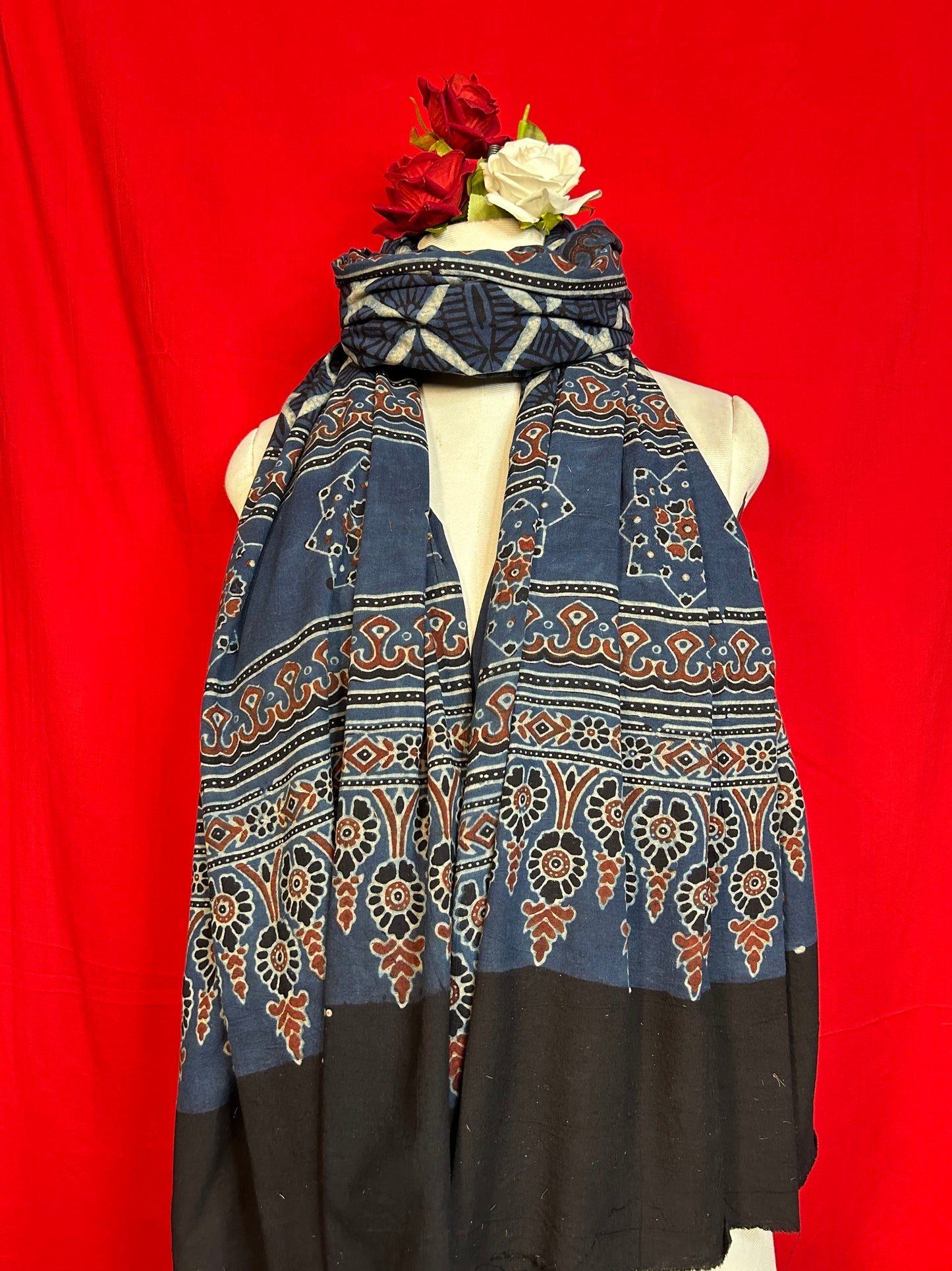 Blue and Black Ajrakh Handblock Printed Cotton Dupatta for Women