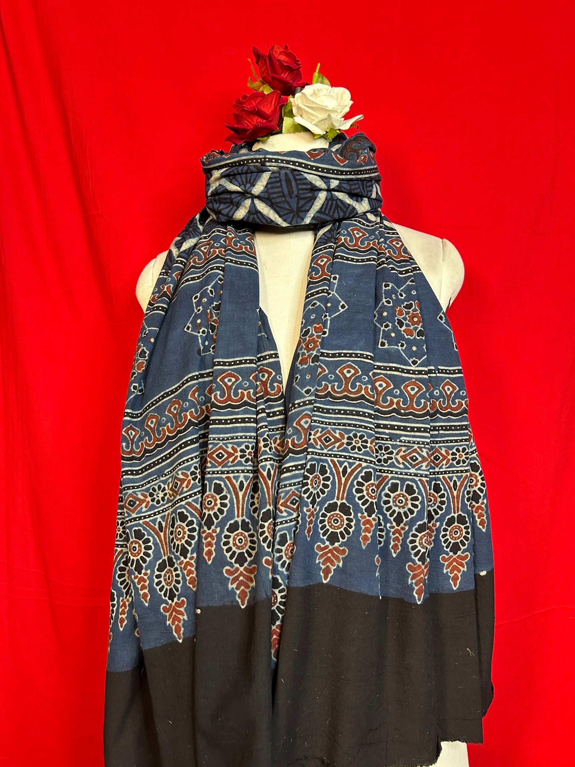 Blue and Black Ajrakh Handblock Printed Cotton Dupatta for Women
