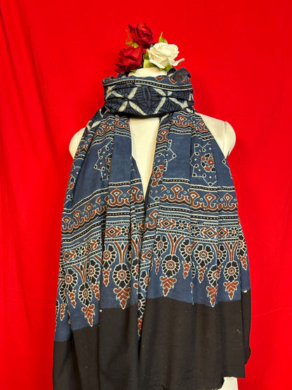 Blue and Black Ajrakh Handblock Printed Cotton Dupatta for Women
