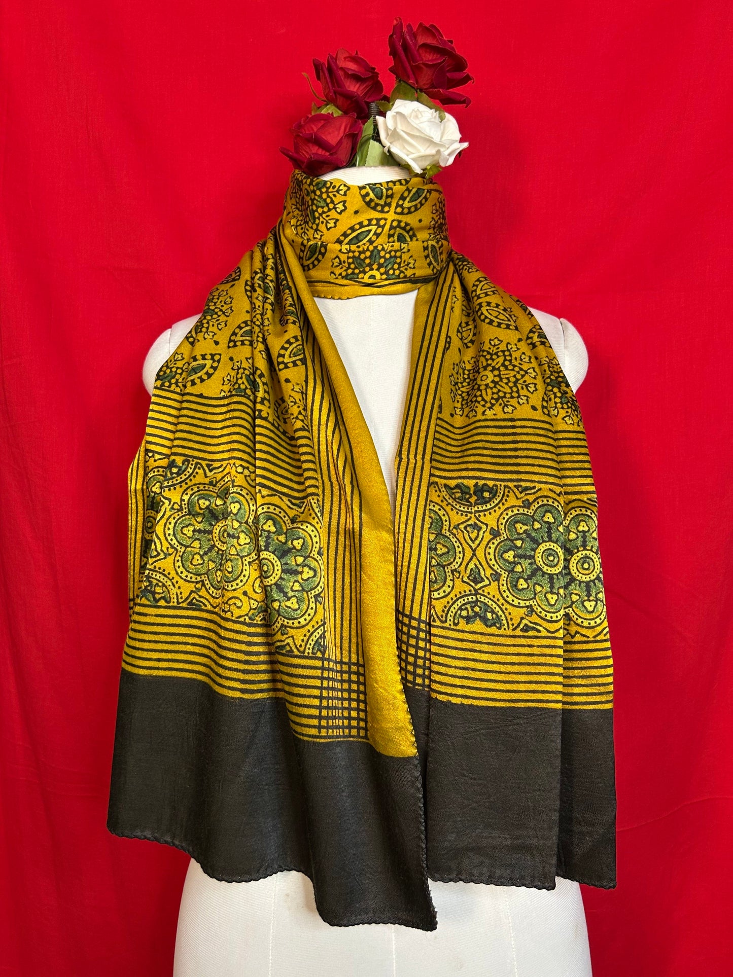 Ajrakh Gaji Silk Stole in Mustard Yellow and Black with Traditional Hand Block Print