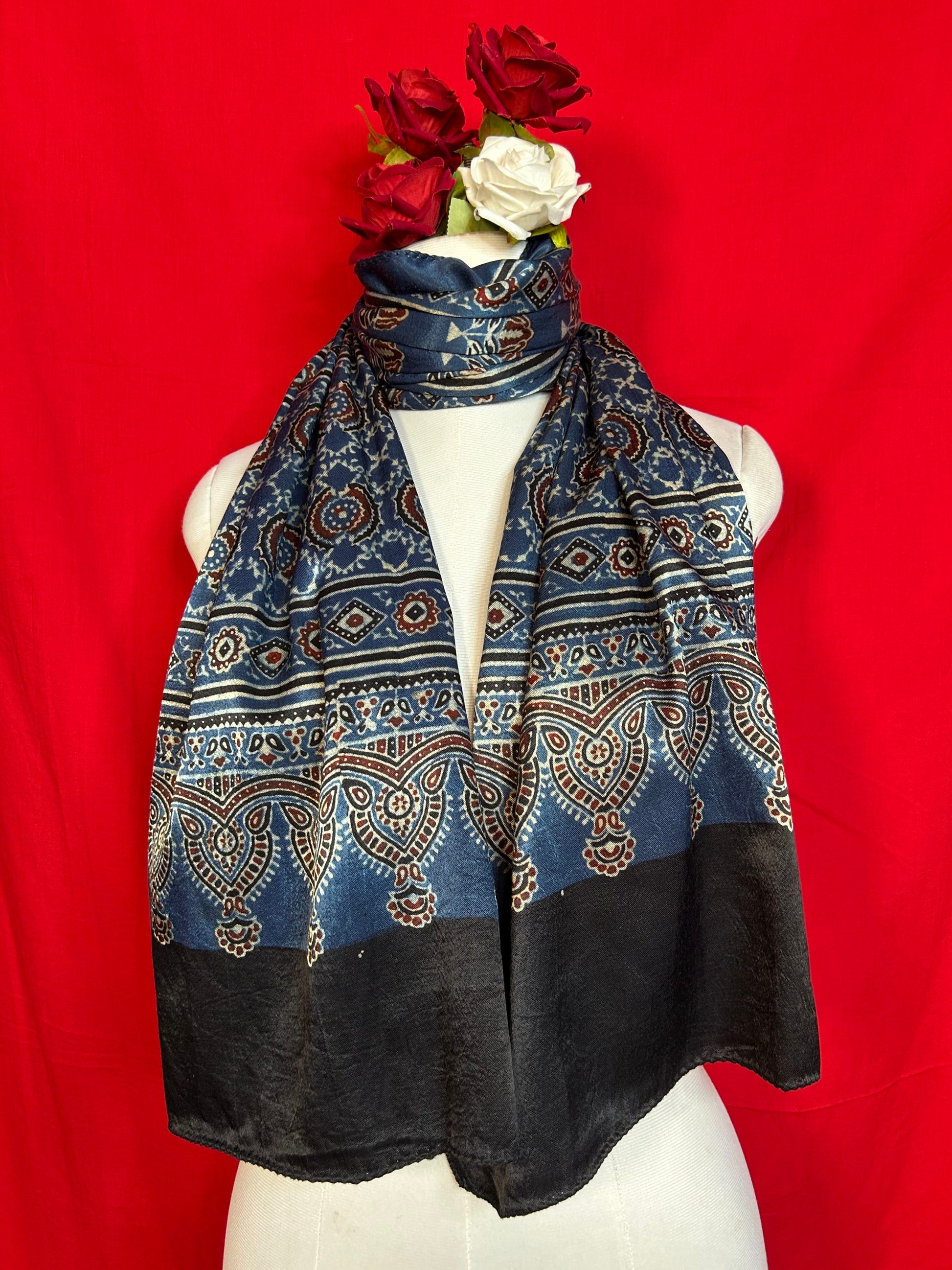 Ajrakh Gaji Stole for Women in Blue and Black Traditional Handblock Print Design